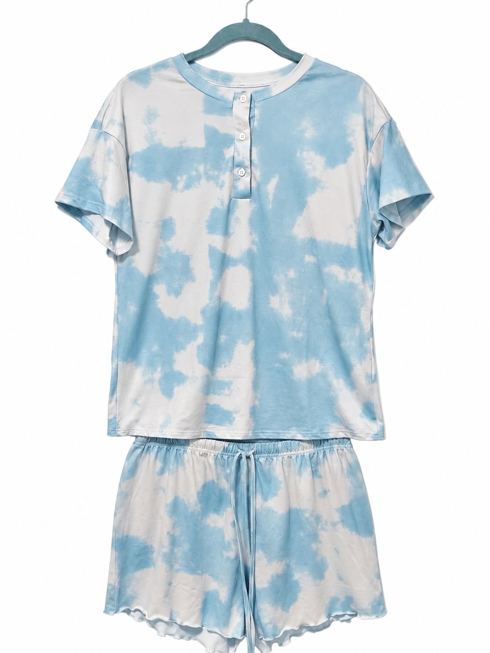 Ekouaer Blue White Tie Dye 2 Piece Pajama Set Henley Top & Shorts Size Medium